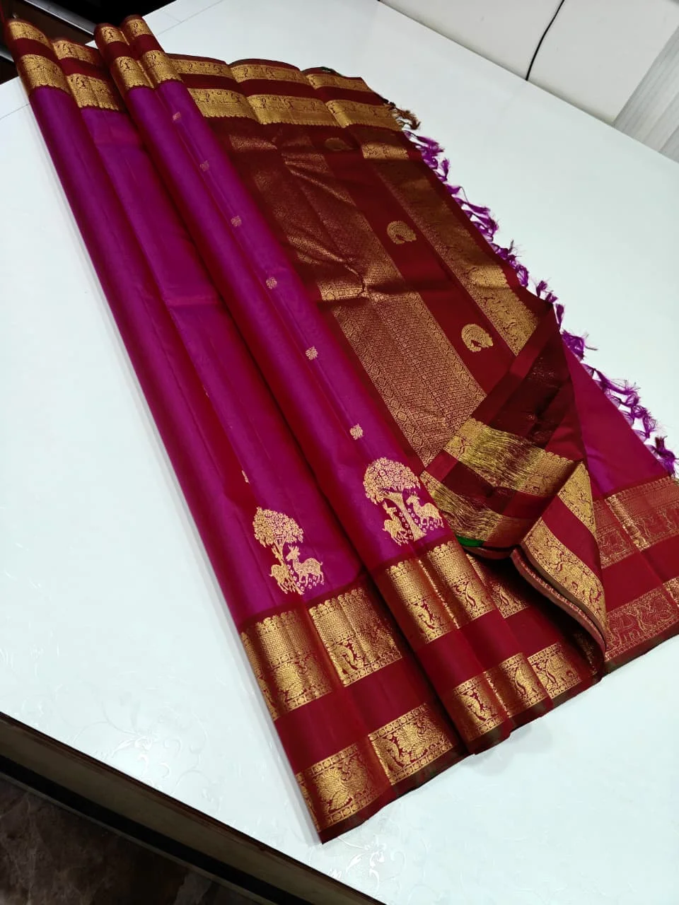 Magenta Pink and Wine Maroon Kancheepuram Silk Saree